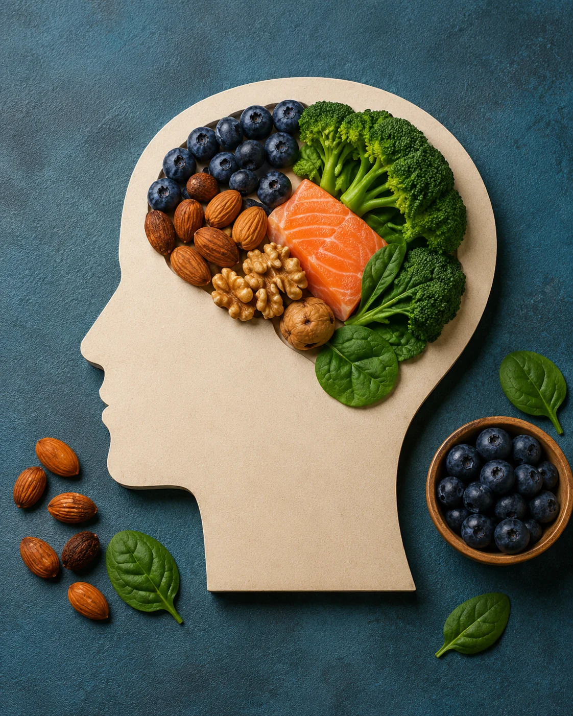 Brain-shaped arrangement of salmon, blueberries, broccoli, nuts and leafy greens for the brain health workshop