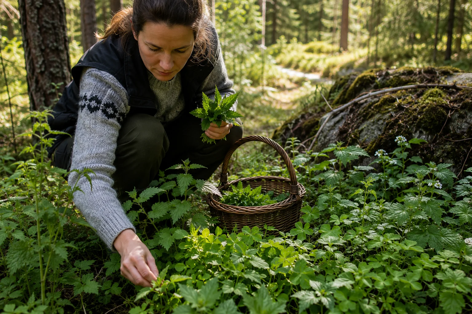 Woman sustainably gathering edible wild herbs in a Finnish forest