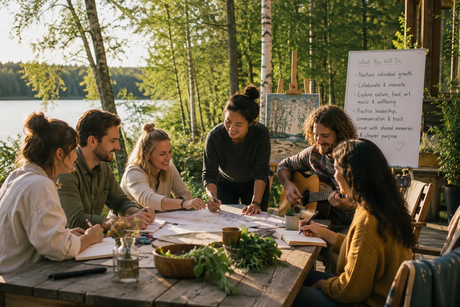 Participants collaborating in a Finnish nature workshop