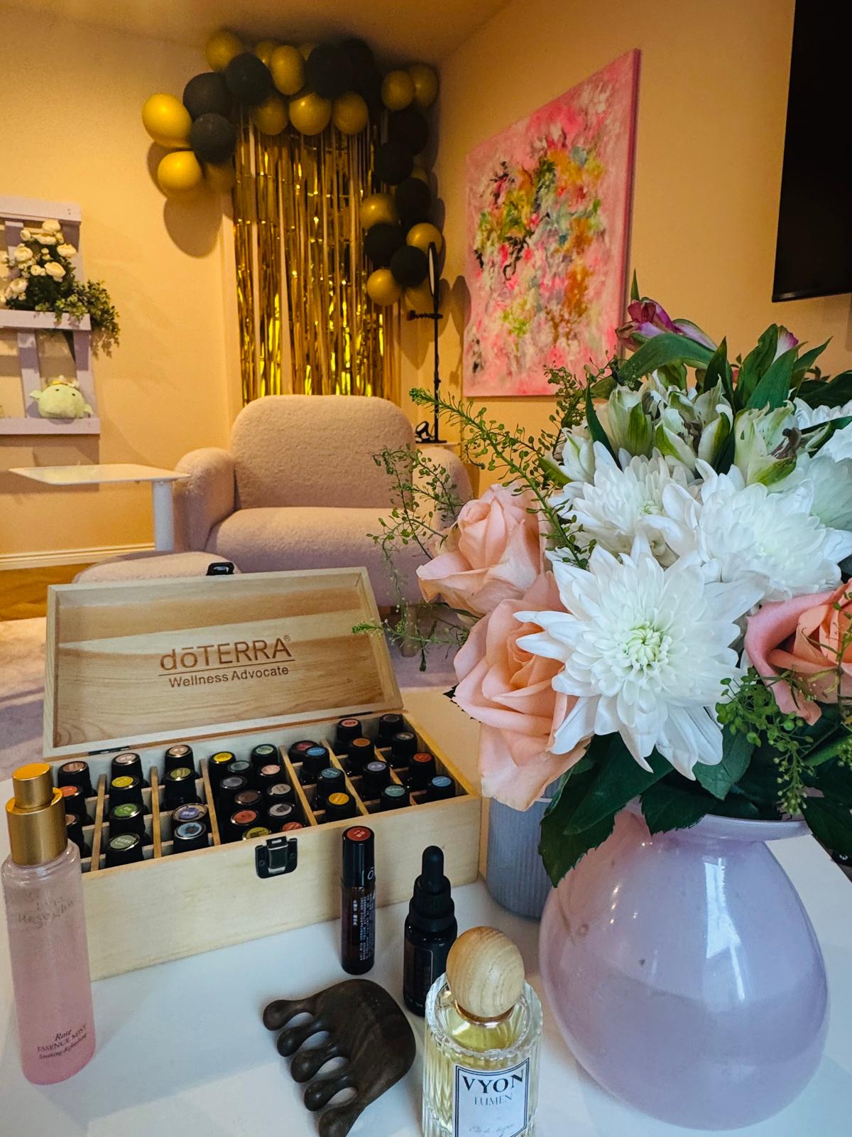 Essential oils and flowers prepared for the workshop