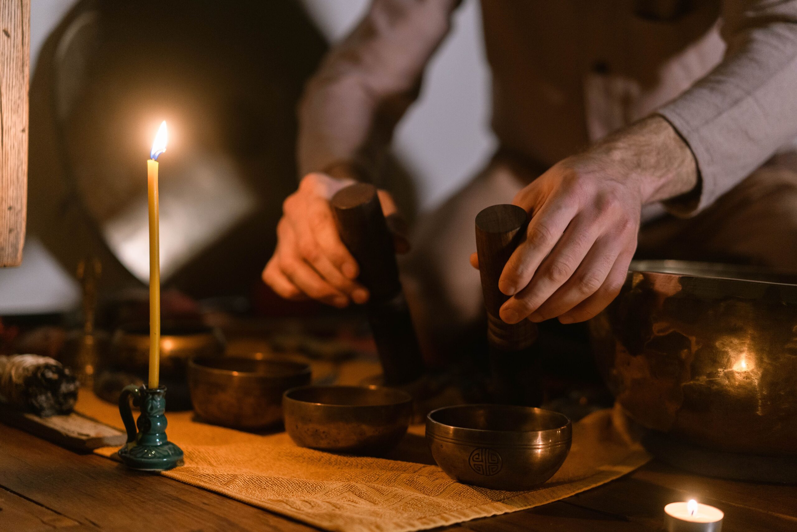 Singing bowls and sound instruments used during deep listening
